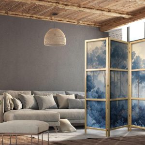 Paravent japonais - Landscape with Trees in Illustrative Style - Fairy-Tale Blue Forest