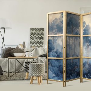 Paravent japonais - Landscape with Trees in Illustrative Style - Fairy-Tale Blue Forest