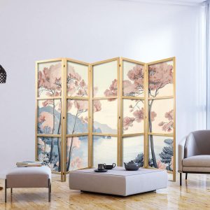 Paravent japonais - Landscape with the Ocean - Cliffs - and Trees in Delicate Pink Shades