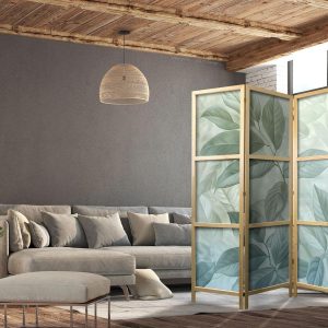 Paravent japonais - Large Leaves in Green-Mint Shades - Botanical Motif