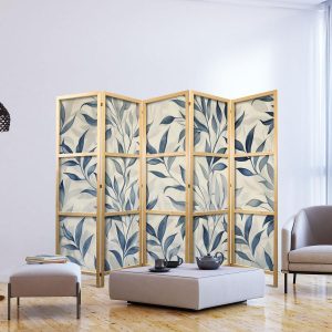 Paravent japonais - Leaves in Blue Colors - Delicate Botanical Motif