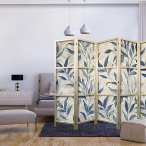 Paravent japonais - Leaves in Blue Colors - Delicate Botanical Motif