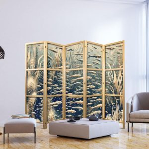 Paravent japonais - Life in The Ocean - Underwater World of Fish And Vegetation in Beige And Navy Colors in Retro Style