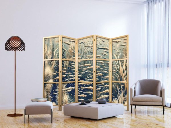 Paravent japonais - Life in The Ocean - Underwater World of Fish And Vegetation in Beige And Navy Colors in Retro Style