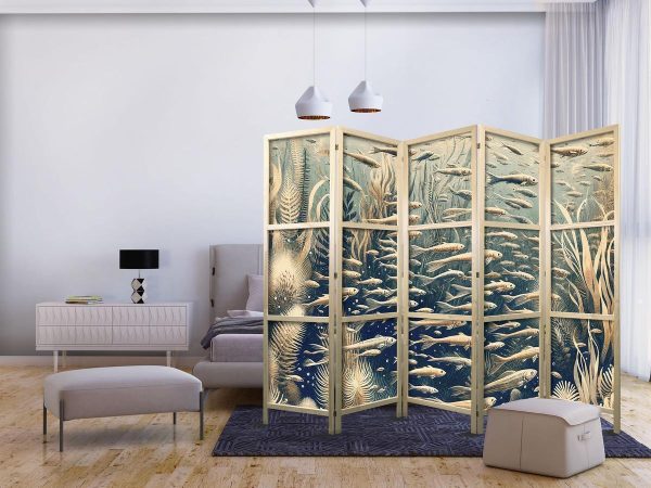 Paravent japonais - Life in The Ocean - Underwater World of Fish And Vegetation in Beige And Navy Colors in Retro Style