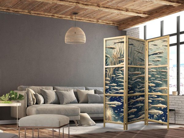 Paravent japonais - Life in the Ocean - Underwater World of Fish and Vegetation in Beige and Navy Retro Style