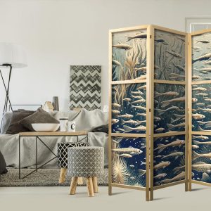 Paravent japonais - Life in the Ocean - Underwater World of Fish and Vegetation in Beige and Navy Retro Style