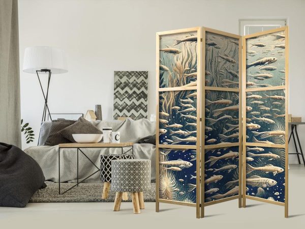 Paravent japonais - Life in the Ocean - Underwater World of Fish and Vegetation in Beige and Navy Retro Style Paravent japonais - Life in the Ocean - Underwater World of Fish and Vegetation in Beige and Navy Retro Style