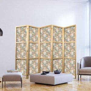 Paravent japonais - Little Bouquets - Exotic Flowers and Leaves on a Gray-Green Background