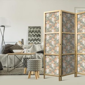 Paravent japonais - Little Bouquets - Exotic Flowers and Leaves on a Gray-Green Background