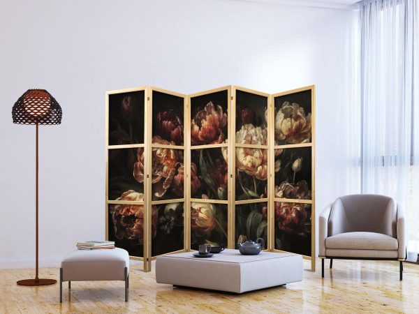 Paravent japonais - Magnificent Tulips - Bouquet of Flowers in Red and White on a Black Background