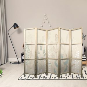 Paravent japonais - Morning in the Meadow - Various pastel plants on a beige background