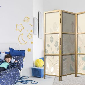 Paravent japonais - Morning in the Meadow - Various pastel plants on a beige background