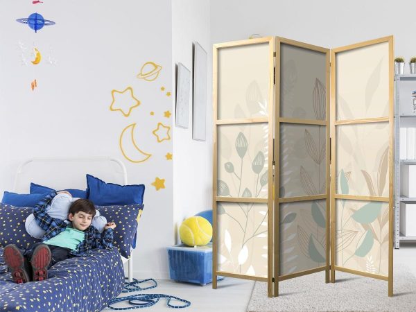 Paravent japonais - Morning in the Meadow - Various pastel plants on a beige background Paravent japonais - Morning in the Meadow - Various pastel plants on a beige background