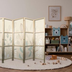 Paravent japonais - Morning in the Meadow - Various pastel plants on a beige background