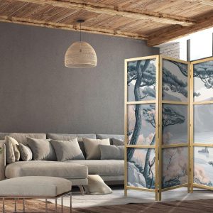 Paravent japonais - Mountainous Coastline with Trees and Rocks in Light Pastel Blues