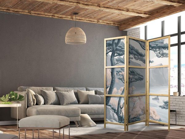 Paravent japonais - Mountainous Coastline with Trees and Rocks in Light Pastel Blues