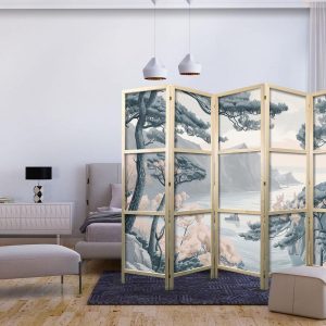 Paravent japonais - Mountainous Coastline with Trees and Rocks in Light Pastel Blues
