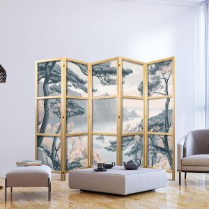 Paravent japonais - Mountainous Coastline with Trees and Rocks in Light Pastel Blues