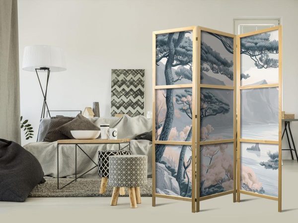 Paravent japonais - Mountainous Coastline with Trees and Rocks in Light Pastel Blues