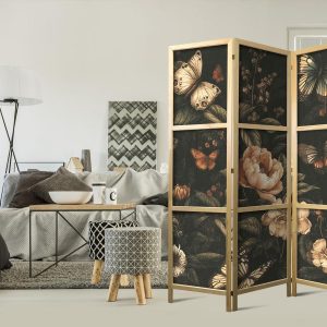 Paravent japonais - Mysterious Garden - Butterflies Flying Over Flowers - Rustic Evening