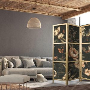 Paravent japonais - Mysterious Garden - Butterflies Flying Over Flowers - Rustic Evening