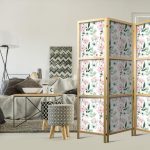 Paravent japonais - Peonies - Pink and White Flowers and Green Leaves on a White Background