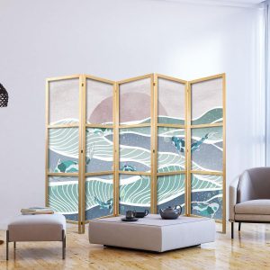 Paravent japonais - Picturesque Landscape with Fish - Sunset and Koi Fish in Shades of Turquoise and Blue Floating Above Water