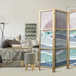 Paravent japonais - Picturesque Landscape with Fish - Sunset and Koi Fish in Shades of Turquoise and Blue Floating Above Water