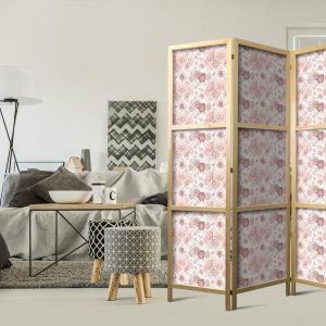 Paravent japonais - Pink Blossoming - Flowers in Warm Colors on a White Background