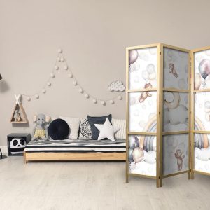 Paravent japonais - Plush Bears with Balloons - Flying Light-Brown Bears Among Balloons - Clouds - and Rainbows in Subdued - Pastel Colors