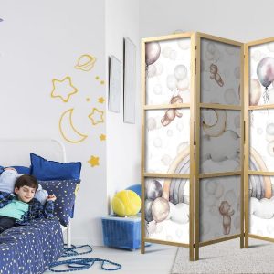 Paravent japonais - Plush Bears with Balloons - Flying Light-Brown Bears Among Balloons - Clouds - and Rainbows in Subdued - Pastel Colors