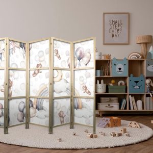 Paravent japonais - Plush Bears with Balloons - Flying light-brown bears among balloons - clouds - and rainbows in subdued - pastel colors