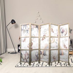 Paravent japonais - Plush Bears with Balloons - Flying light-brown bears among balloons - clouds - and rainbows in subdued - pastel colors