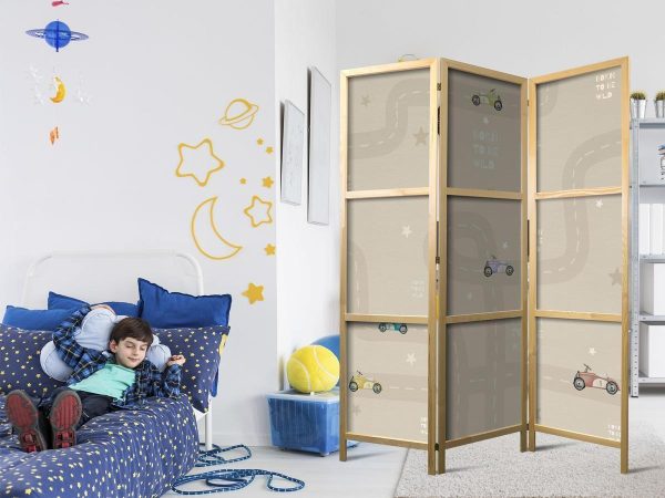 Paravent japonais - Race - Colorful cars on a road on a beige background with stars Paravent japonais - Race - Colorful cars on a road on a beige background with stars