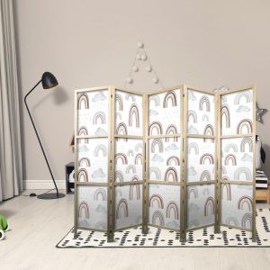 Paravent japonais - Rainbows and Clouds - Various-sized rainbows in muted colors among rain clouds in a pale blue shade