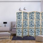 Paravent japonais - Rose Vines - Monochromatic Blue Birds Resting Among Roses