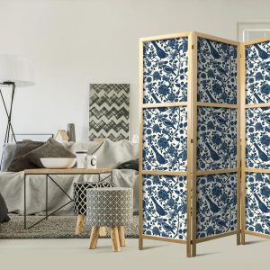 Paravent japonais - Rose Vines - Monochromatic Blue Birds Resting Among Roses