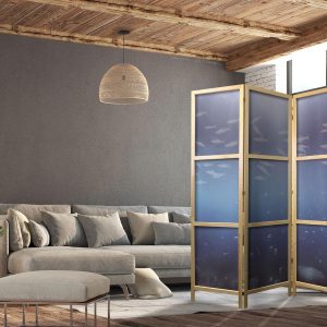 Paravent japonais - School of Small Fish - Illuminated Oceanic Depth in Shades of Navy Purple and Gray with a School of Tiny Fish