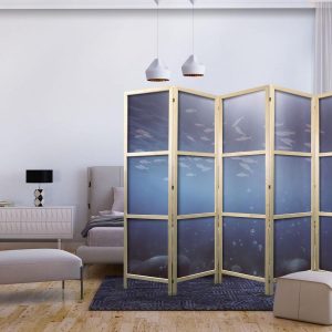 Paravent japonais - School of Small Fish - Illuminated Oceanic Depth in Shades of Navy Purple and Gray with a School of Tiny Fish