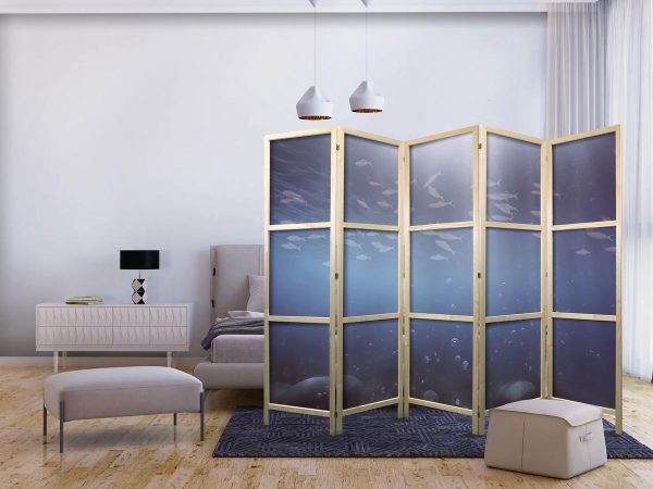 Paravent japonais - School of Small Fish - Illuminated Oceanic Depth in Shades of Navy Purple and Gray with a School of Tiny Fish