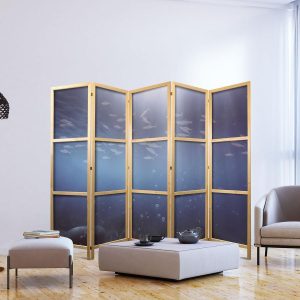 Paravent japonais - School of Small Fish - Illuminated Oceanic Depth in Shades of Navy Purple and Gray with a School of Tiny Fish