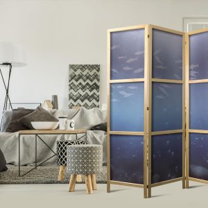 Paravent japonais - School of Small Fish - Illuminated Oceanic Depth in Shades of Navy Purple and Gray with a School of Tiny Fish