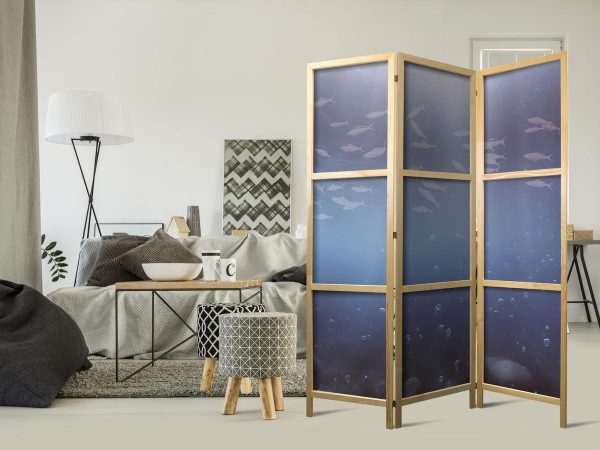 Paravent japonais - School of Small Fish - Illuminated Oceanic Depth in Shades of Navy Purple and Gray with a School of Tiny Fish Paravent japonais - School of Small Fish - Illuminated Oceanic Depth in Shades of Navy Purple and Gray with a School of Tiny Fish