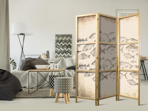 Paravent japonais - Sketch of a School of Fish - Sketches of Various Species of Fish Swimming in a School on a Beige Background in Vintage Style