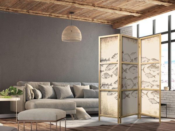 Paravent japonais - Sketch of a School of Fish - Sketches of Various Species of Fish Swimming in a School on a Beige Background in Vintage Style