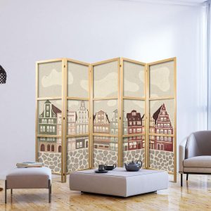 Paravent japonais - Solny Square - Colorfully Illustrated Townhouses Against a Sky with Clouds