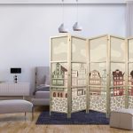 Paravent japonais - Solny Square - Colorfully Illustrated Townhouses Against a Sky with Clouds