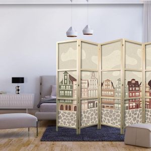 Paravent japonais - Solny Square - Colorfully Illustrated Townhouses Against a Sky with Clouds