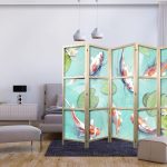 Paravent japonais - Spectacular Fish - White-Orange Koi Fish Swimming in Crystal Clear Water with Water Lilies